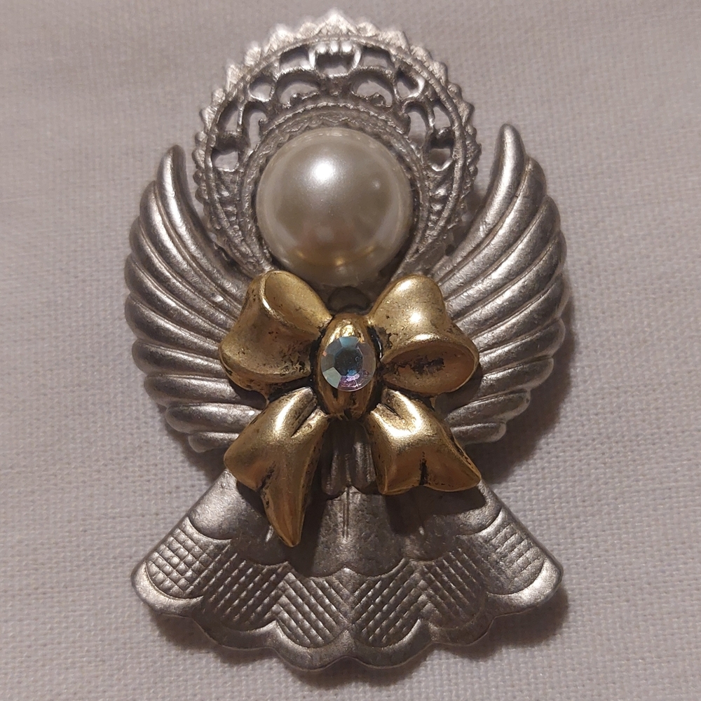 Jac Win Design VTG Angel Brooch Pin Silver/Gold Tone W/Faux Pearl & Rhinestone